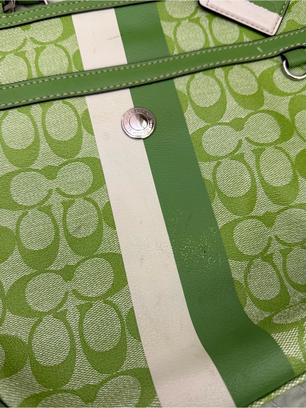 Coach Green Logo Stripe Tote with White Accent - Picture 5 of 11